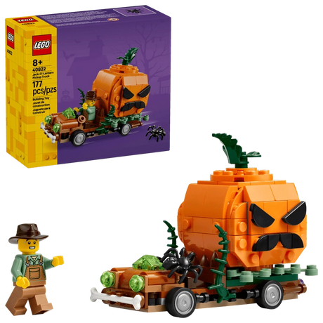 LEGO Jack-O'-Lantern Pickup Truck 40822 box beside the completed vehicle and farmer minifigure 