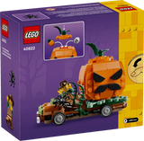 Back of the LEGO Jack-O'-Lantern Pickup Truck 40822 box showing the completed vehicle, farmer minifigure and opening pumpkin feature