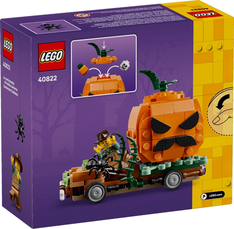 Back of the LEGO Jack-O'-Lantern Pickup Truck 40822 box showing the completed vehicle, farmer minifigure and opening pumpkin feature