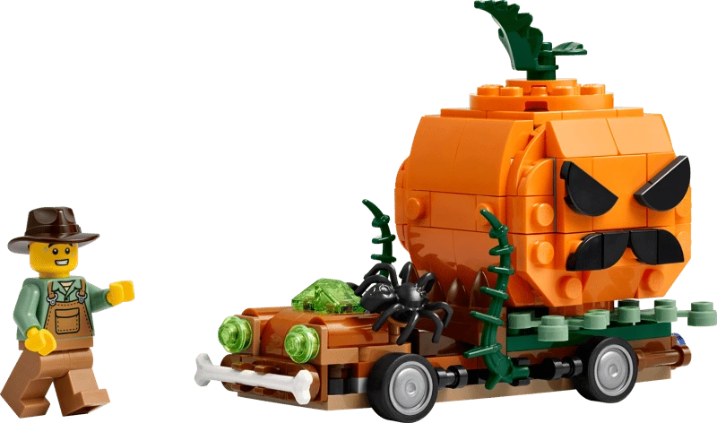 Completed LEGO Jack-O'-Lantern Pickup Truck 40822 build with the farmer minifigure