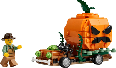 Completed LEGO Jack-O'-Lantern Pickup Truck 40822 build with the farmer minifigure