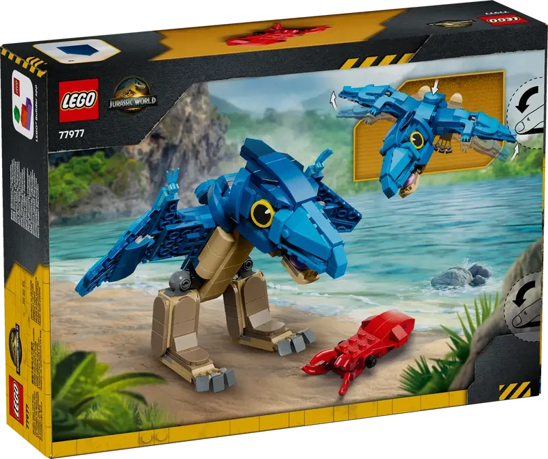 Back of the LEGO Jurassic World Baby Dinosaur: Pteranodon 77977 box showing the completed dinosaur standing beside the red squid