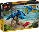 Back of the LEGO Jurassic World Baby Dinosaur: Pteranodon 77977 box showing the completed dinosaur standing beside the red squid
