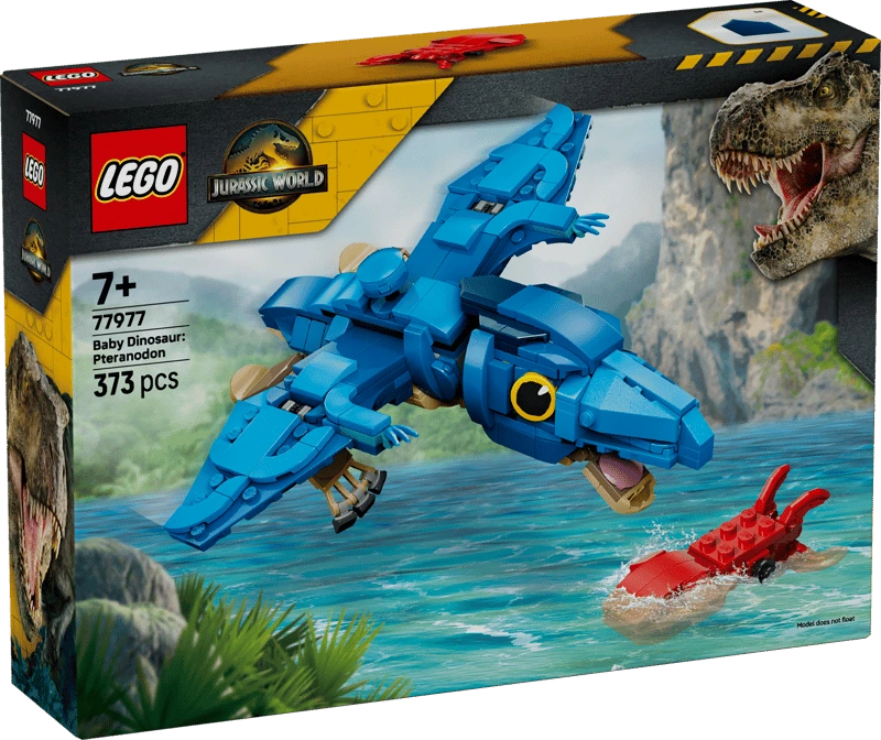 Front of the LEGO Jurassic World Baby Dinosaur: Pteranodon 77977 box showing the blue Pteranodon flying above the water and the red squid