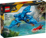 Front of the LEGO Jurassic World Baby Dinosaur: Pteranodon 77977 box showing the blue Pteranodon flying above the water and the red squid