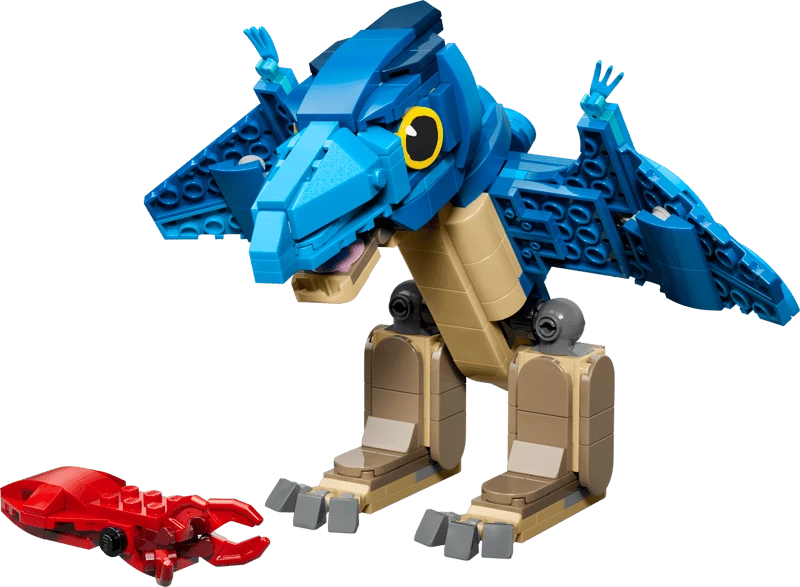 Completed LEGO Jurassic World Baby Dinosaur: Pteranodon 77977 model standing beside the red squid 