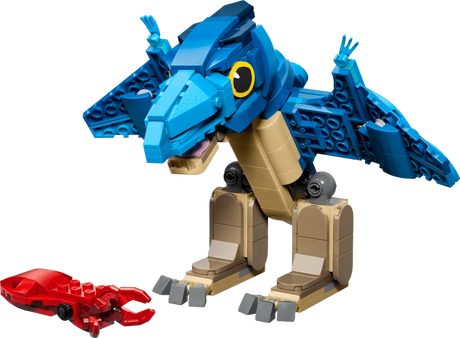 Completed LEGO Jurassic World Baby Dinosaur: Pteranodon 77977 model standing beside the red squid 
