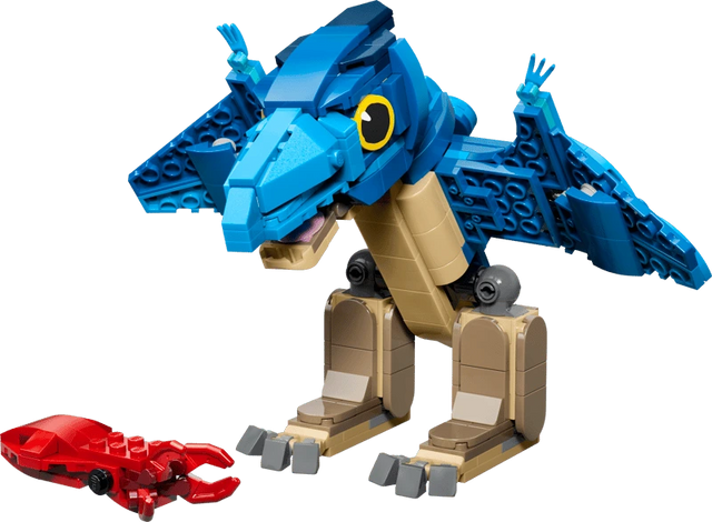 Completed LEGO Jurassic World Baby Dinosaur: Pteranodon 77977 model standing beside the red squid 