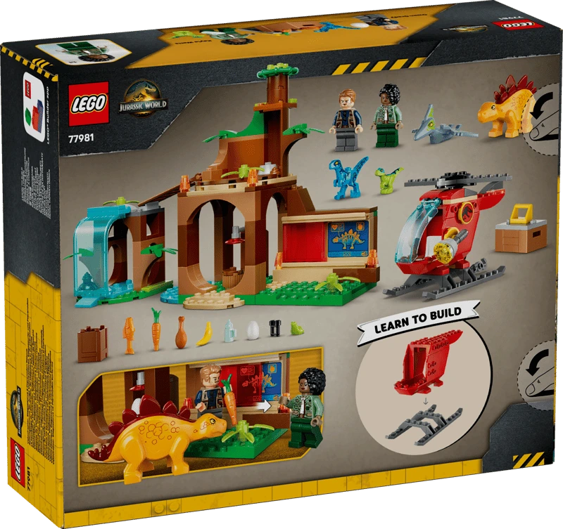 Back of the LEGO Jurassic World Velociraptor, Stegosaurus & Pteranodon Rescue 77981 box showing the completed rescue centre, helicopter, baby dinosaurs and play features