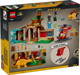 Back of the LEGO Jurassic World Velociraptor, Stegosaurus & Pteranodon Rescue 77981 box showing the completed rescue centre, helicopter, baby dinosaurs and play features