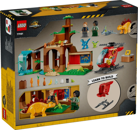 Back of the LEGO Jurassic World Velociraptor, Stegosaurus & Pteranodon Rescue 77981 box showing the completed rescue centre, helicopter, baby dinosaurs and play features