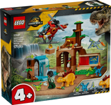 Front of the LEGO Jurassic World Velociraptor, Stegosaurus & Pteranodon Rescue 77981 box showing the rescue centre, helicopter, baby dinosaurs and minifigures