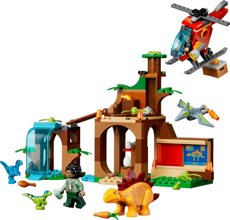 Completed LEGO Jurassic World Velociraptor, Stegosaurus & Pteranodon Rescue 77981 set with the rescue centre, helicopter, four baby dinosaurs and two minifigures 