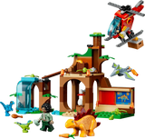 Completed LEGO Jurassic World Velociraptor, Stegosaurus & Pteranodon Rescue 77981 set with the rescue centre, helicopter, four baby dinosaurs and two minifigures 