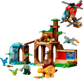 Completed LEGO Jurassic World Velociraptor, Stegosaurus & Pteranodon Rescue 77981 set with the rescue centre, helicopter, four baby dinosaurs and two minifigures 