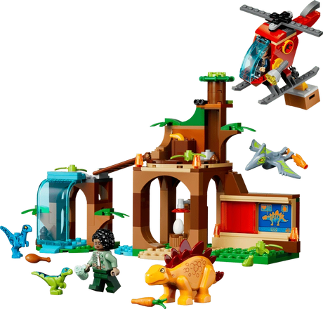 Completed LEGO Jurassic World Velociraptor, Stegosaurus & Pteranodon Rescue 77981 set with the rescue centre, helicopter, four baby dinosaurs and two minifigures 