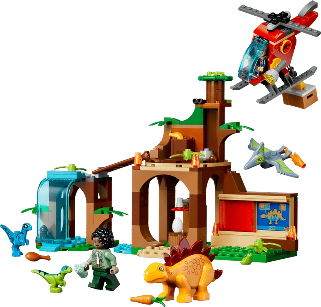 Completed LEGO Jurassic World Velociraptor, Stegosaurus & Pteranodon Rescue 77981 set with the rescue centre, helicopter, four baby dinosaurs and two minifigures 