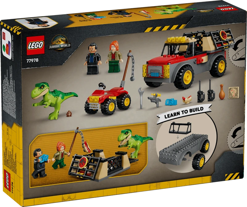 Back of the LEGO Jurassic World Young T. rex Transport Truck 77978 box showing the completed models, accessories and dinosaur transport scene 