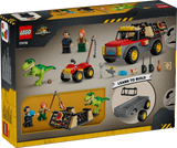 Back of the LEGO Jurassic World Young T. rex Transport Truck 77978 box showing the completed models, accessories and dinosaur transport scene 