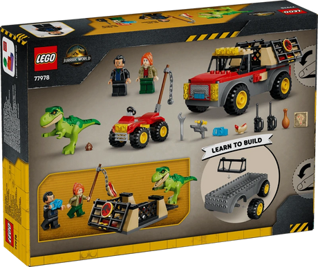 Back of the LEGO Jurassic World Young T. rex Transport Truck 77978 box showing the completed models, accessories and dinosaur transport scene 