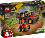 Front of the LEGO Jurassic World Young T. rex Transport Truck 77978 box showing the truck, ATV, young T. rex and two minifigures
