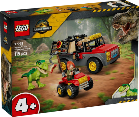 Front of the LEGO Jurassic World Young T. rex Transport Truck 77978 box showing the truck, ATV, young T. rex and two minifigures