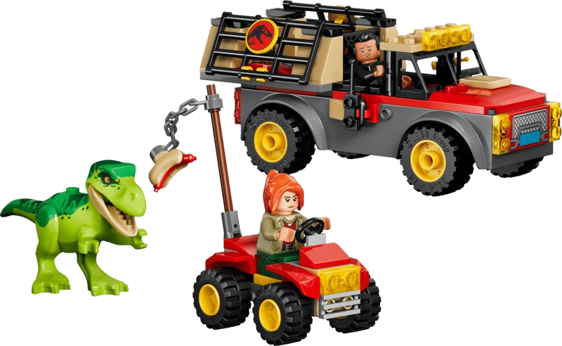 Completed LEGO Jurassic World Young T. rex Transport Truck 77978 set with the transport truck, ATV, young T. rex and two minifigures