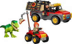 Completed LEGO Jurassic World Young T. rex Transport Truck 77978 set with the transport truck, ATV, young T. rex and two minifigures