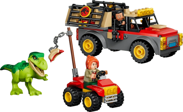 Completed LEGO Jurassic World Young T. rex Transport Truck 77978 set with the transport truck, ATV, young T. rex and two minifigures