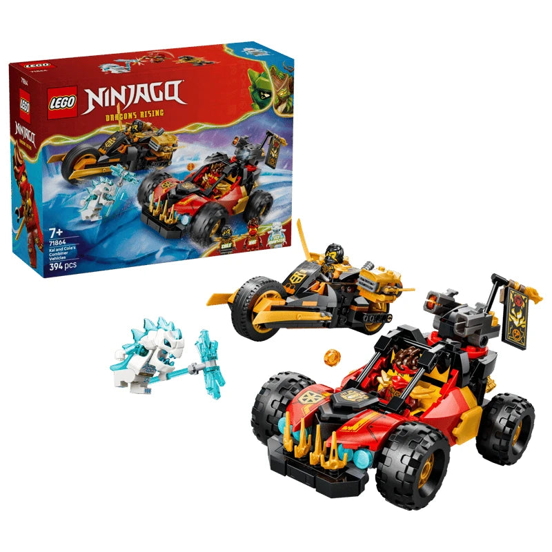 LEGO NINJAGO box beside a red buggy, black and gold motorcycle, white minifigure and two ninja minifigures