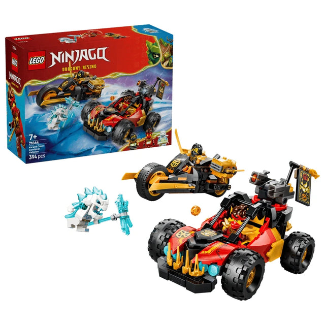 LEGO NINJAGO box beside a red buggy, black and gold motorcycle, white minifigure and two ninja minifigures