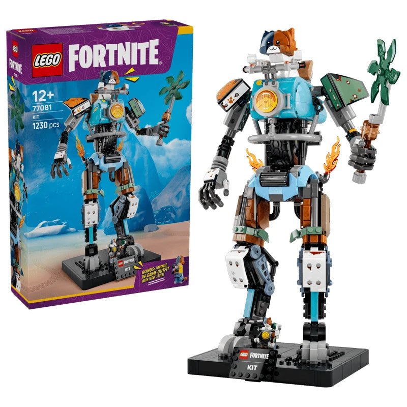 LEGO Fortnite KIT box beside built motorcycle mech model with green weapon accessory