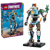 LEGO Fortnite KIT box beside built motorcycle mech model with green weapon accessory