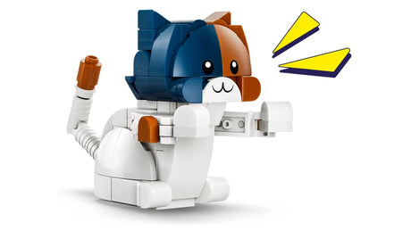 Small LEGO cat figure with blue and white head, brown tail and yellow arrow markers