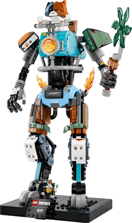 LEGO Fortnite KIT motorcycle mech model front view with cat head, blue torso and green weapon accessory