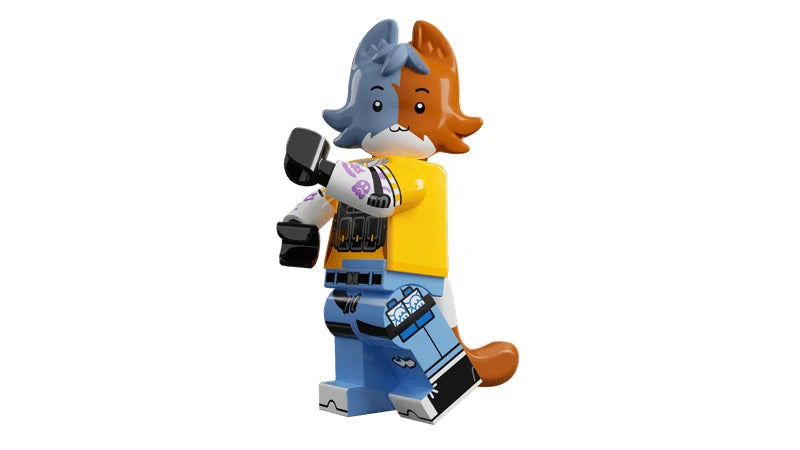 LEGO Fortnite KIT minifigure side view with blue legs, yellow top and orange cat head