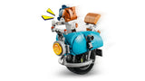 LEGO Fortnite KIT motorcycle mech detail with blue body, orange wheel section and yellow arrow markers
