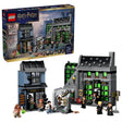 LEGO Harry Potter Knockturn Alley Wizarding Shops box beside built shop models, minifigures and accessories