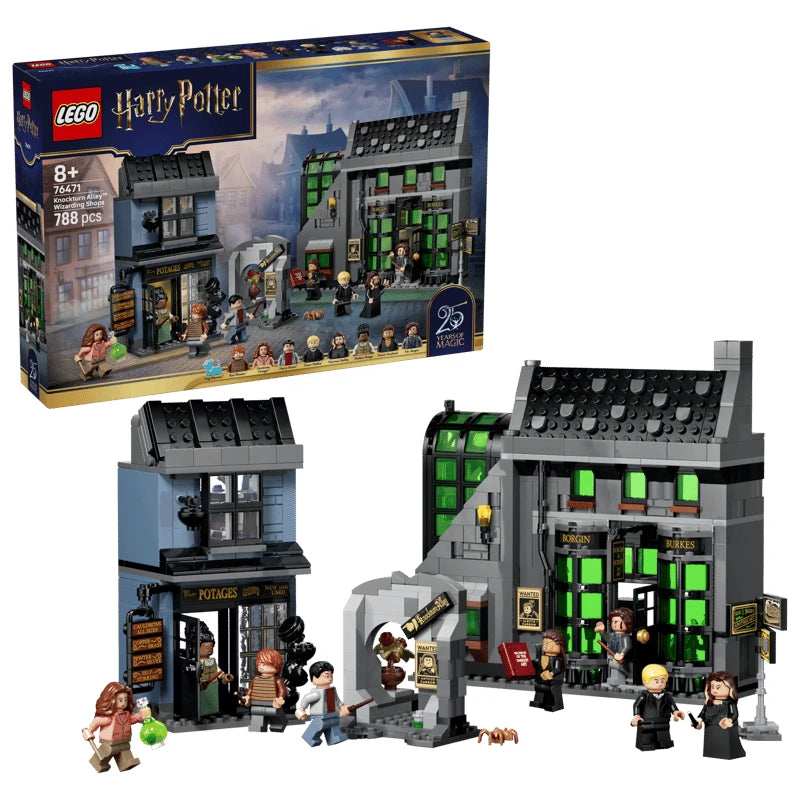 LEGO Harry Potter Knockturn Alley Wizarding Shops box beside built shop models, minifigures and accessories