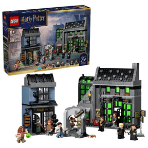 LEGO Harry Potter Knockturn Alley Wizarding Shops box beside built shop models, minifigures and accessories