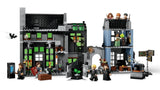 LEGO Harry Potter wizarding shops with black and green shop fronts, minifigures, cauldrons, signposts and accessories