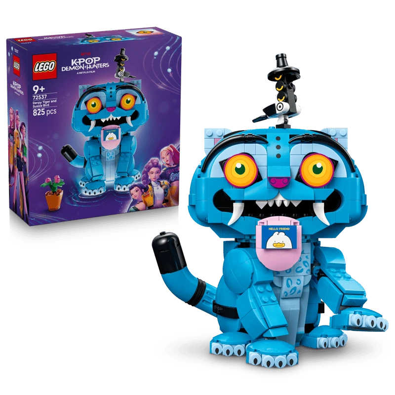 LEGO KPop Demon Hunters Derpy Tiger and Sussie Bird 72537 box beside the completed character model 