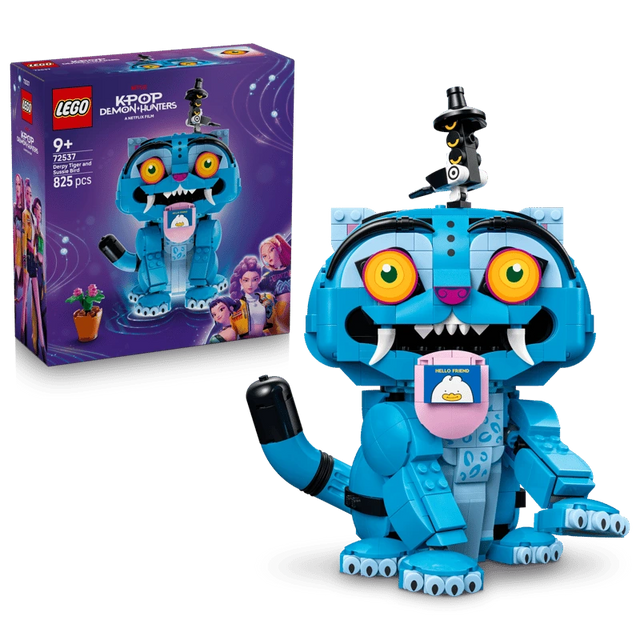 LEGO KPop Demon Hunters Derpy Tiger and Sussie Bird 72537 box beside the completed character model 