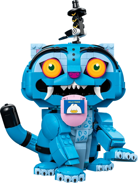 Completed LEGO KPop Demon Hunters Derpy Tiger and Sussie Bird 72537 model with Sussie on Derpy's head and a love note in his mouth