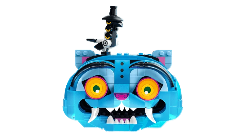 Close-up of the LEGO KPop Demon Hunters Derpy Tiger head with Sussie Bird standing on top