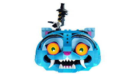 Close-up of the LEGO KPop Demon Hunters Derpy Tiger head with Sussie Bird standing on top
