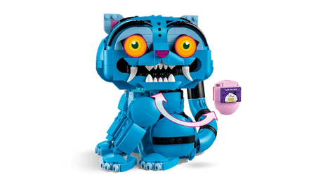 Side view of LEGO KPop Demon Hunters Derpy Tiger with arrows pointing between the figure and love note