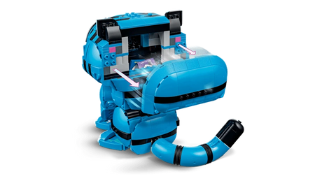Rear view of LEGO KPop Demon Hunters Derpy Tiger with the head open to show the storage space and love note