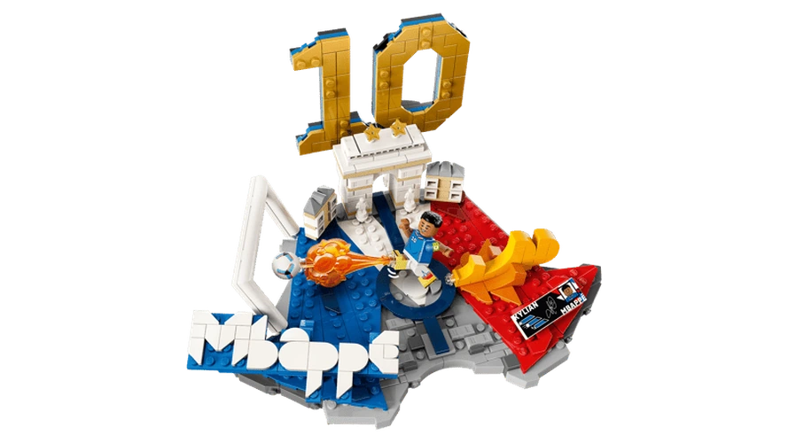 LEGO Editions Kylian Mbappé Football Highlights display model with gold number 10 and blue, white and red football details