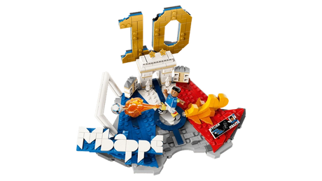 LEGO Editions Kylian Mbappé Football Highlights display model with gold number 10 and blue, white and red football details
